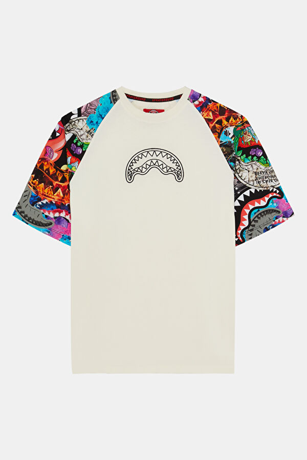 Relax Kalıp Krem Bisiklet Yaka Baskılı Erkek T-Shirt 3