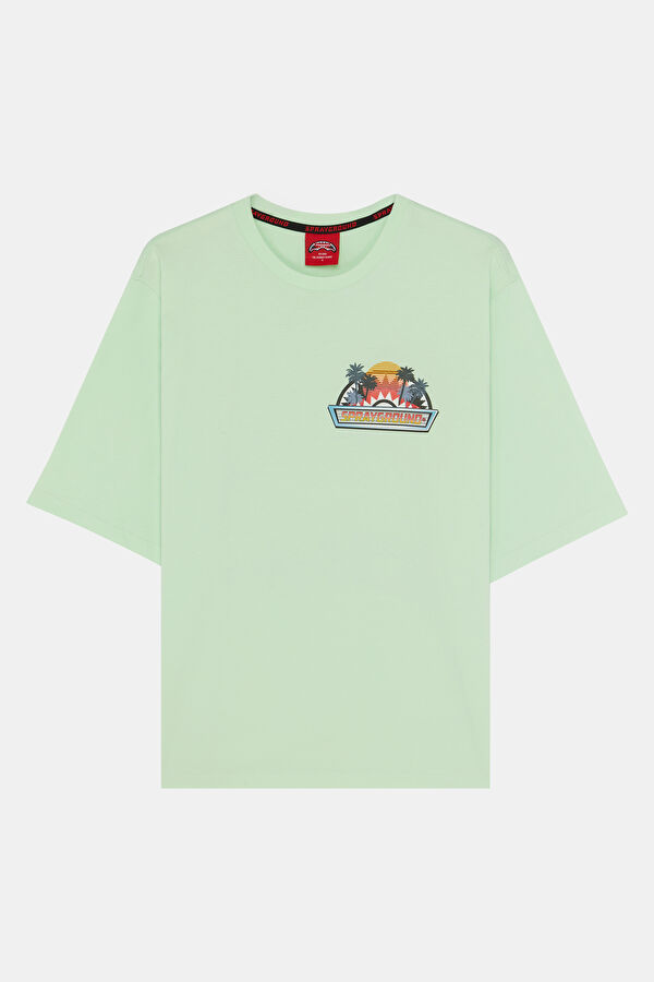 Relax Kalıp Açık Yeşil Bisiklet Yaka Baskılı Erkek T-Shirt 3