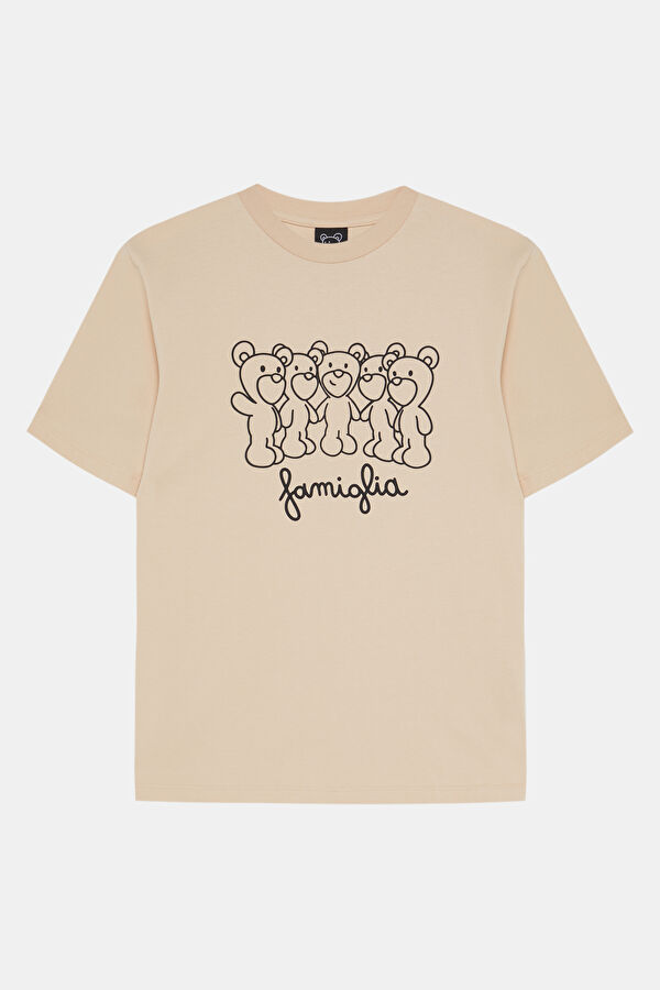Relax Kalıp Bej Bisiklet Yaka Baskılı Erkek T-Shirt 3