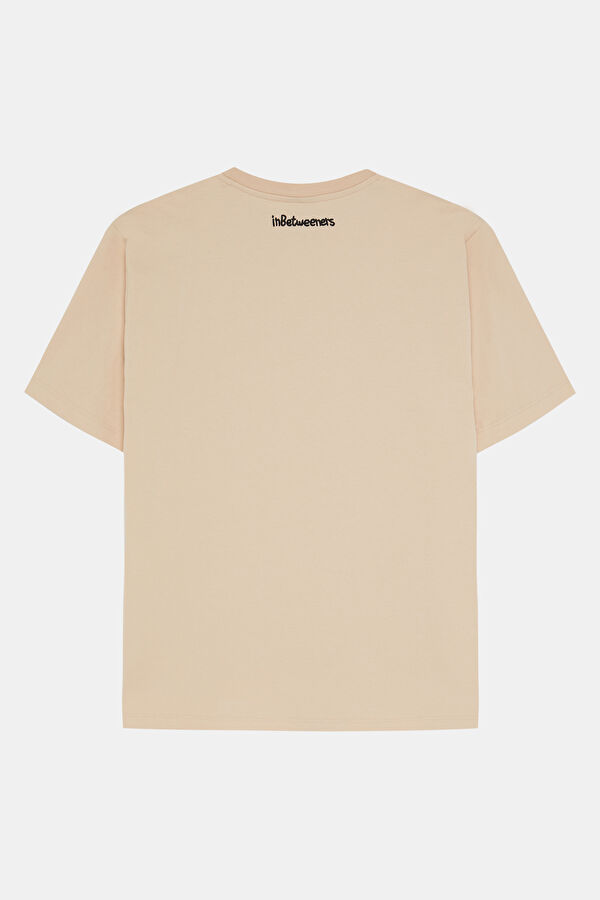 Relax Kalıp Bej Bisiklet Yaka Baskılı Erkek T-Shirt 4