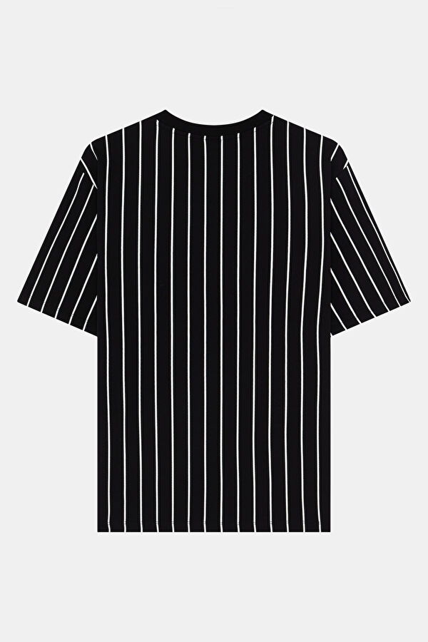 Relax Kalıp Siyah Bisiklet Yaka Çizgili Erkek T-Shirt 2