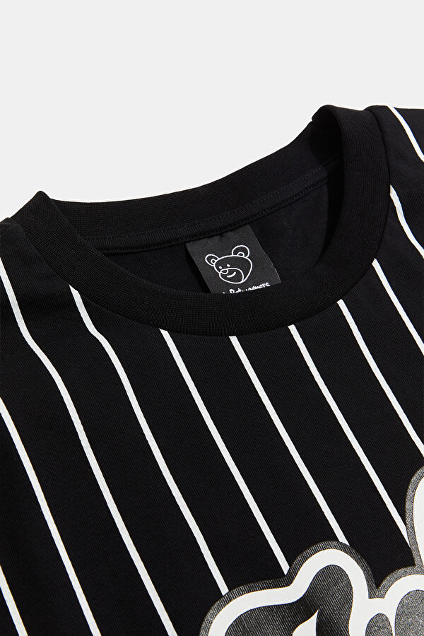 Relax Kalıp Siyah Bisiklet Yaka Çizgili Erkek T-Shirt 3