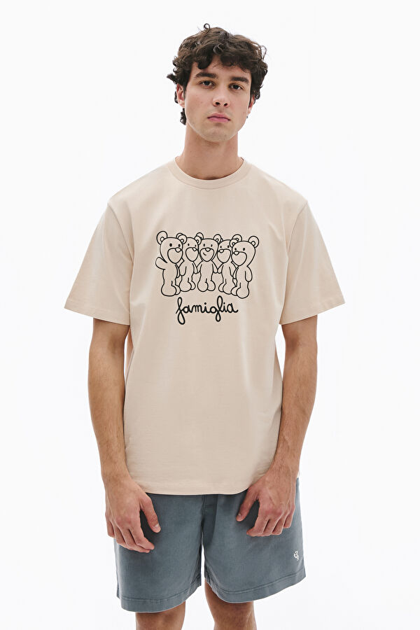 Relax Kalıp Bej Bisiklet Yaka Baskılı Erkek T-Shirt