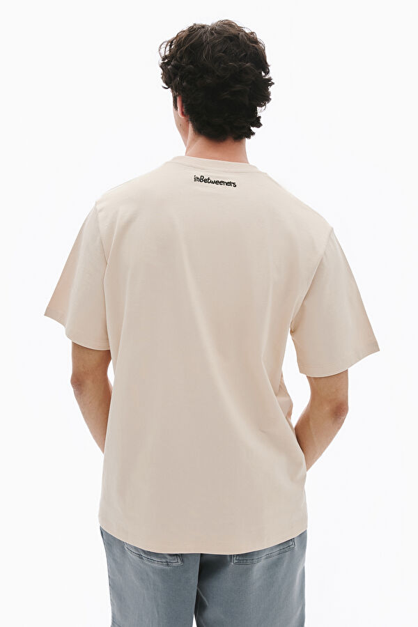 Relax Kalıp Bej Bisiklet Yaka Baskılı Erkek T-Shirt 2