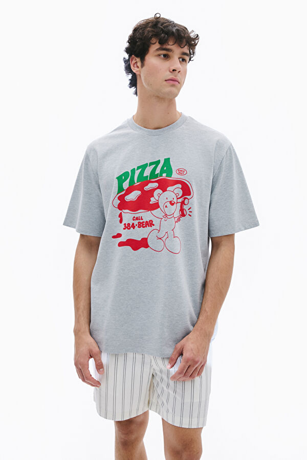 Relax Kalıp Beyaz Bisiklet Yaka Baskılı Erkek T-Shirt