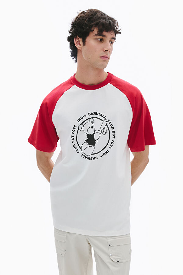 Relax Kalıp Krem O Yaka Baskılı Erkek T-Shirt