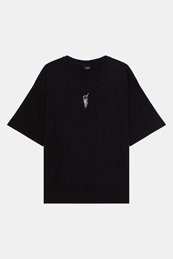 Relaxed Fit Black Crew Neck Printed Men's T-Shirt