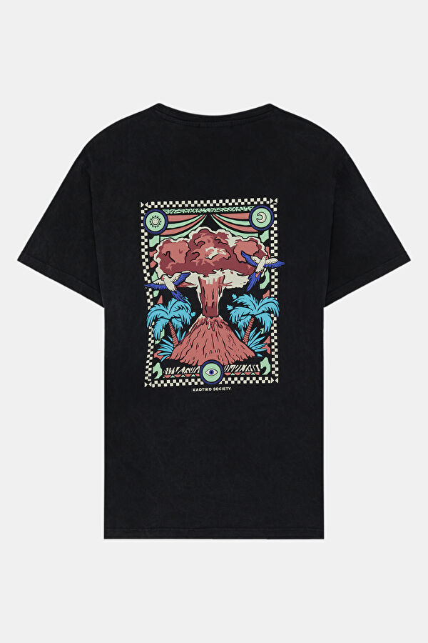Relax Kalıp Siyah Bisiklet Yaka Baskılı Erkek T-Shirt 2