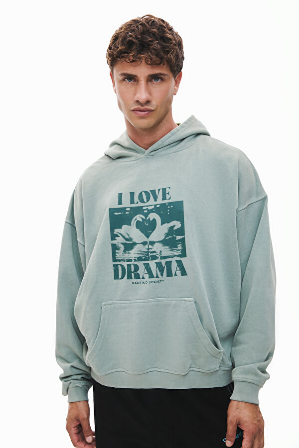 Yeşil Relax Kalıp Kapuşonlu Erkek Sweatshirt