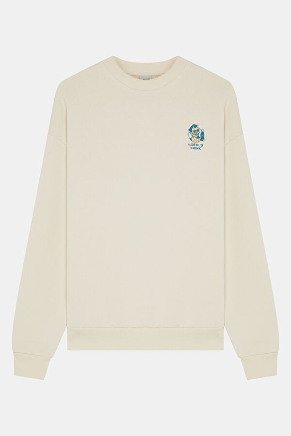 Ekru Relax Kalıp Bisiklet Yaka Erkek Sweatshirt