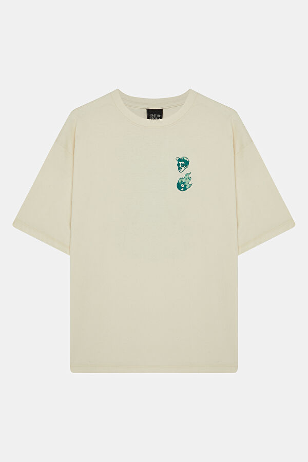 Relax Kalıp Krem Bisiklet Yaka Baskılı Erkek T-Shirt