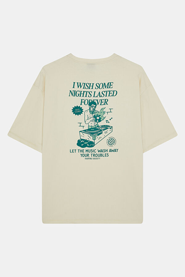 Relax Kalıp Krem Bisiklet Yaka Baskılı Erkek T-Shirt 2