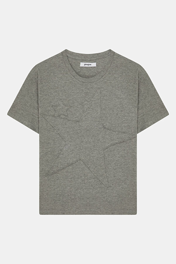 Gri Bisiklet Yaka Nakışlı Erkek T-Shirt