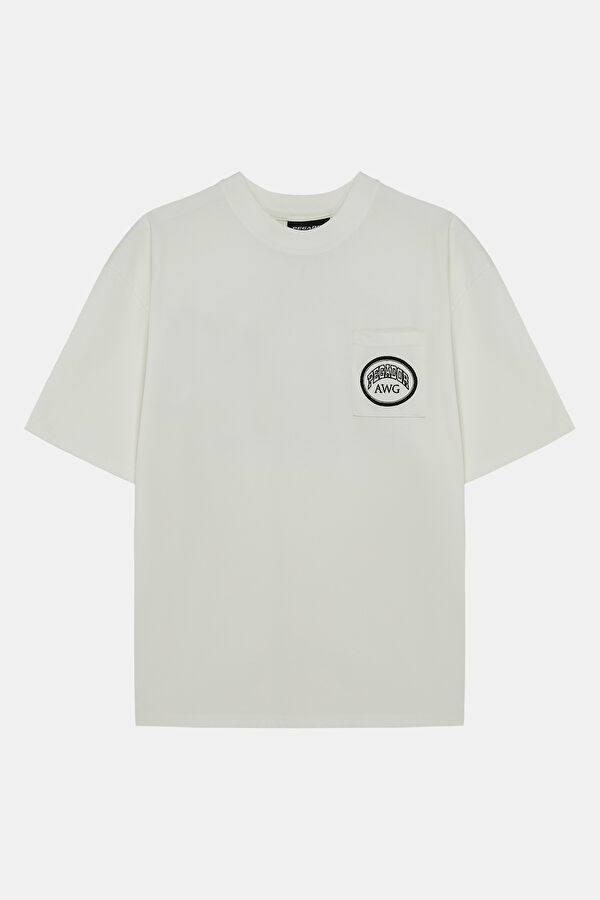 Relax Kalıp Krem Bisiklet Yaka Baskılı Erkek T-Shirt