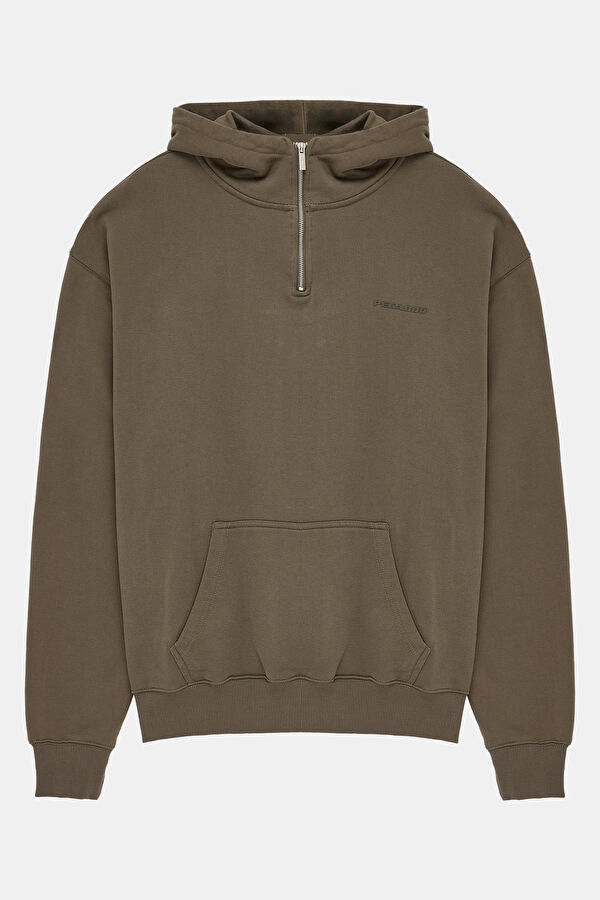 Kahve Relax Kalıp Kapuşonlu Erkek Sweatshirt 4