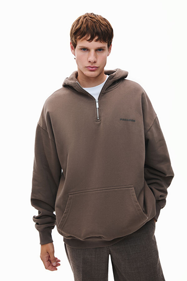 Kahve Relax Kalıp Kapuşonlu Erkek Sweatshirt
