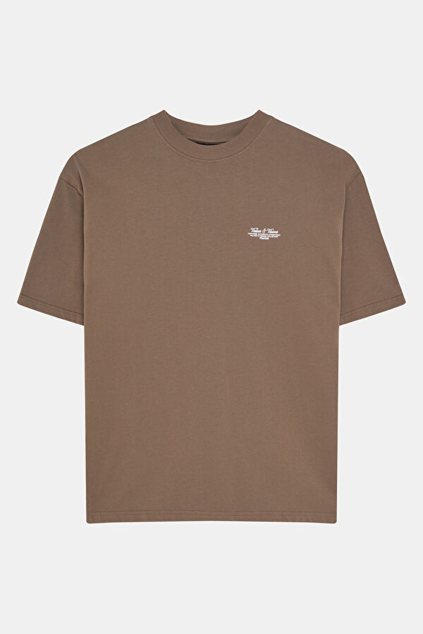 Relax Kalıp Kahve Bisiklet Yaka Baskılı Erkek T-Shirt