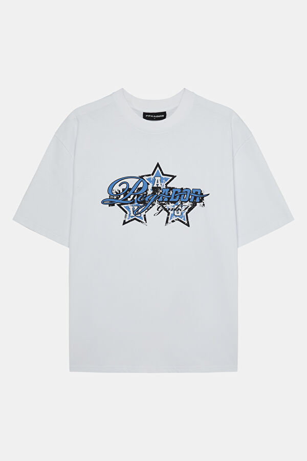 Relax Kalıp Beyaz Bisiklet Yaka Baskılı Erkek T-Shirt