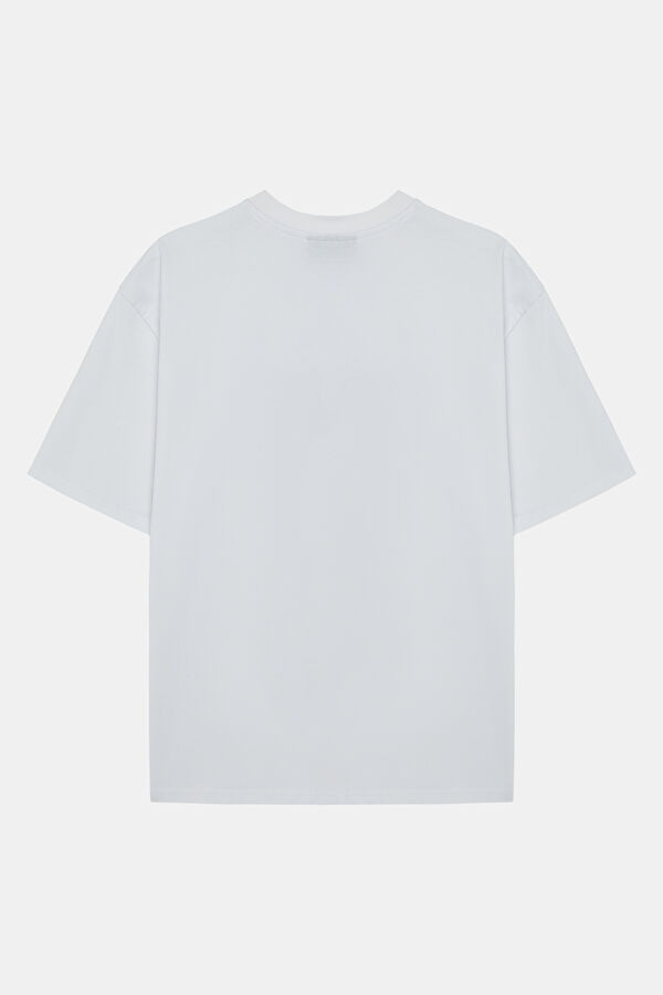 Relax Kalıp Beyaz Bisiklet Yaka Baskılı Erkek T-Shirt 2
