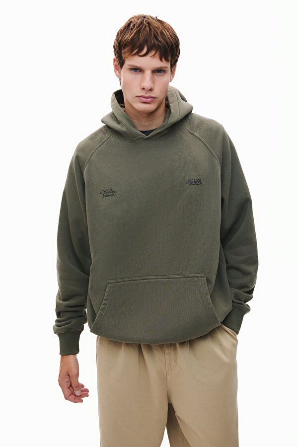 Haki Relax Kalıp Kapuşonlu Erkek Sweatshirt