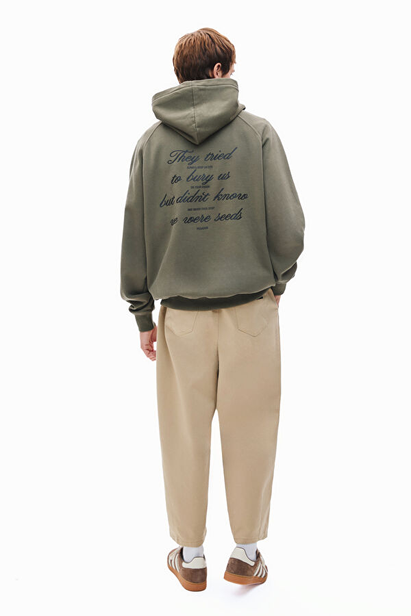 Haki Relax Kalıp Kapuşonlu Erkek Sweatshirt 2
