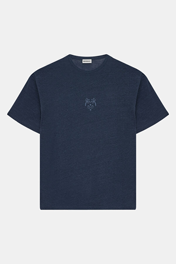 Navy Blue Crew Neck Printed Linen Men's T-Shirt