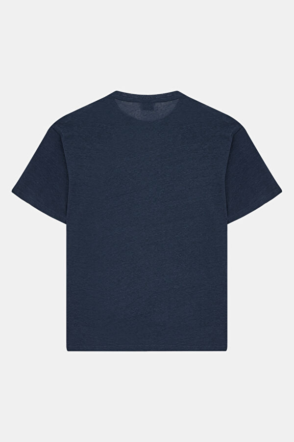 Navy Blue Crew Neck Printed Linen Men's T-Shirt 2