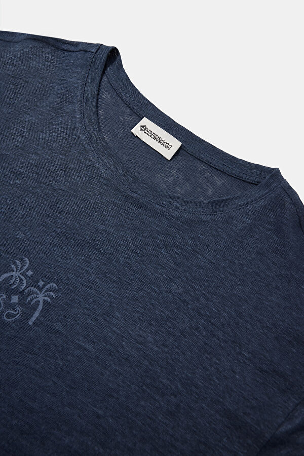 Navy Blue Crew Neck Printed Linen Men's T-Shirt 3