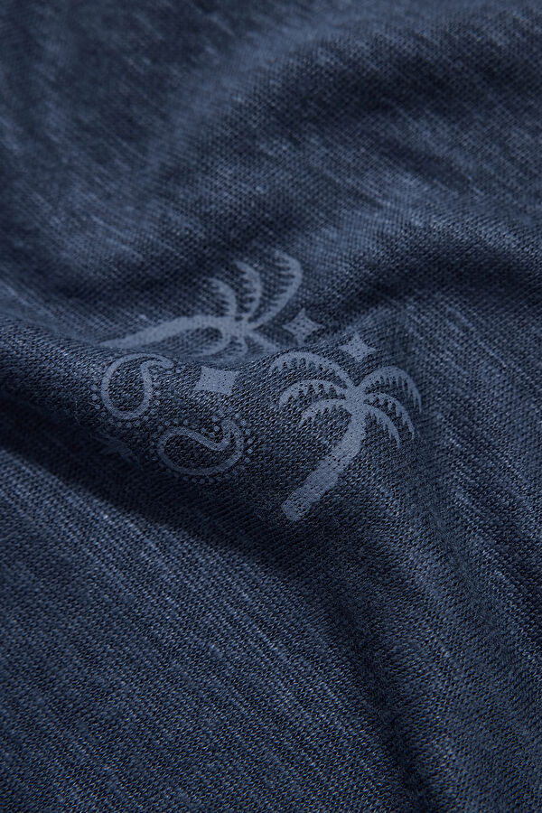 Navy Blue Crew Neck Printed Linen Men's T-Shirt 4