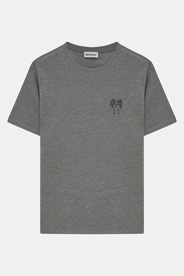 Dark Gray Crew Neck Printed Linen Men's T-Shirt