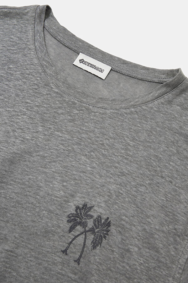 Dark Gray Crew Neck Printed Linen Men's T-Shirt 3