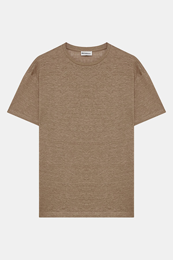 Light Brown Crew Neck Printed Linen Men's T-Shirt