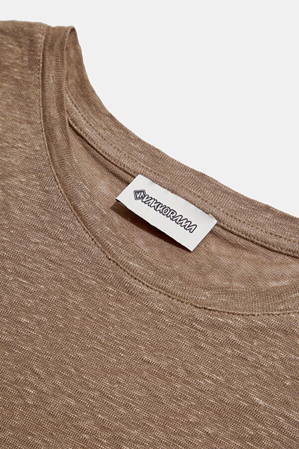 Light Brown Crew Neck Printed Linen Men's T-Shirt 3