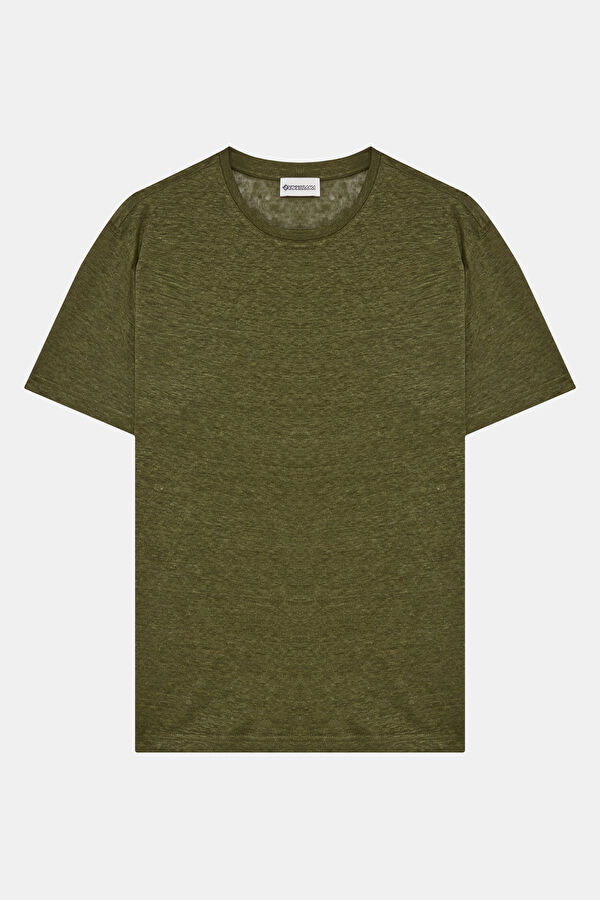 Khaki Crew Neck Printed Linen Men's T-Shirt