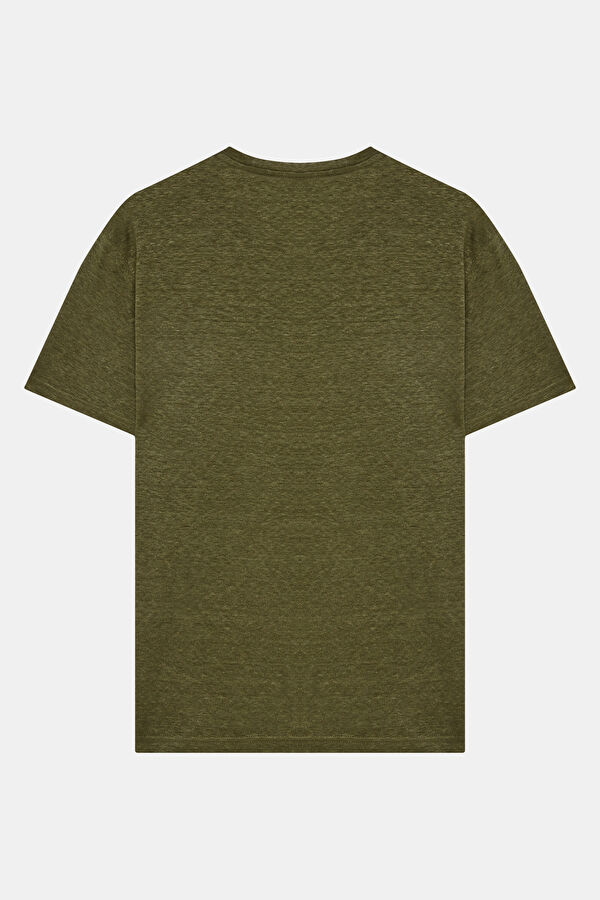 Khaki Crew Neck Printed Linen Men's T-Shirt 2