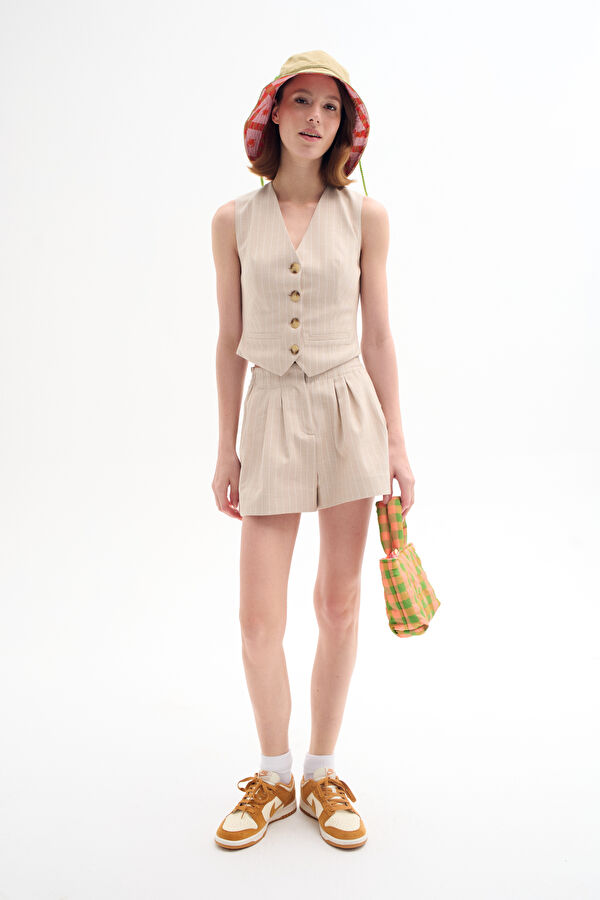 Women's Shorts with Beige Stripe Pattern