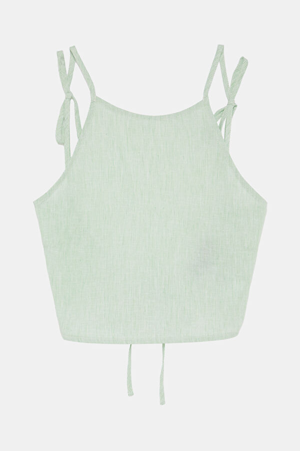 Green Linen Striped Patterned Strappy Women's Blouse 3