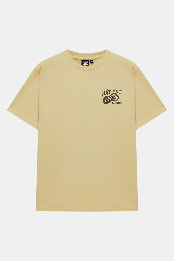 Relax Kalıp Ekru Bisiklet Yaka Baskılı Erkek T-Shirt