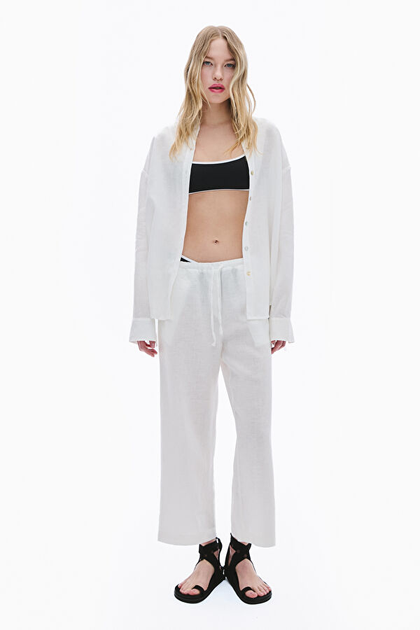Off-white wide-leg linen women's trousers