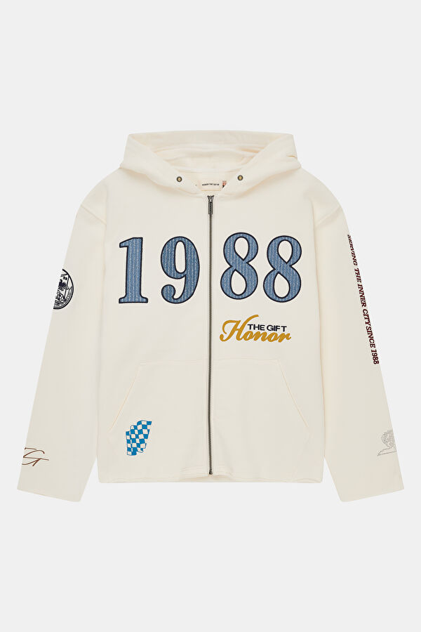 Krem Oversize Kapuşonlu Erkek Sweatshirt