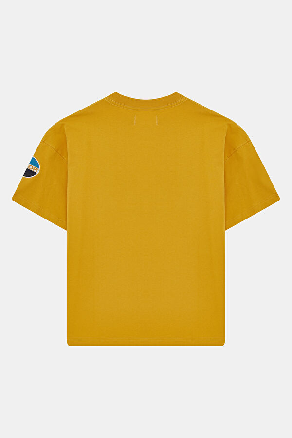 Oversize Sarı Bisiklet Yaka Baskılı Erkek T-Shirt 2