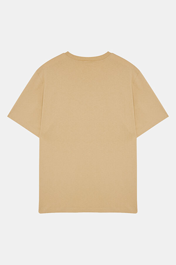Oversize Bej Bisiklet Yaka Erkek T-Shirt 2