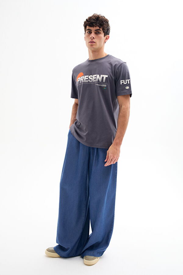 Oversize Antrasit Bisiklet Yaka Erkek T-Shirt