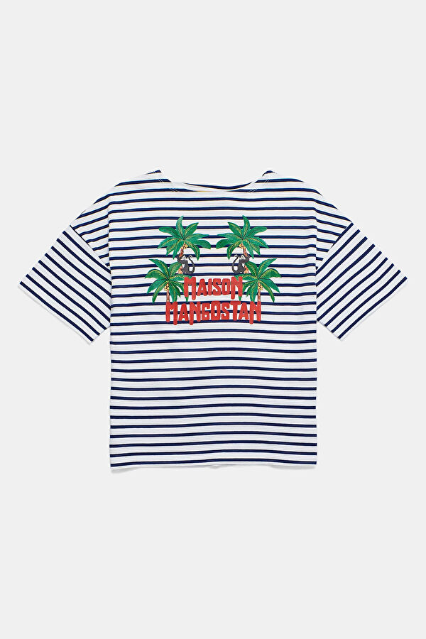 Navy Crew Neck Striped Patterned Kids T-Shirt