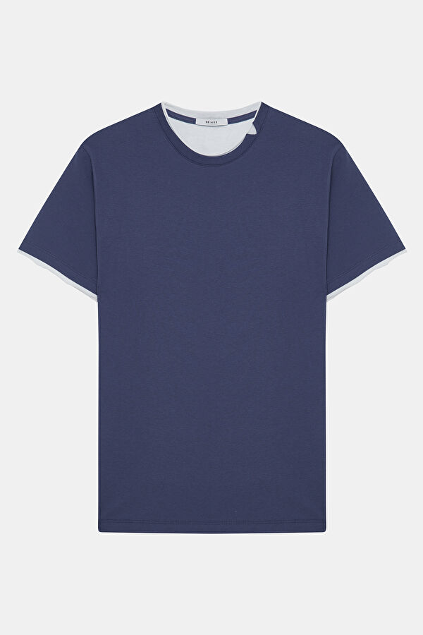 Relax Kalıp Mavi Bisiklet Yaka Erkek T-Shirt