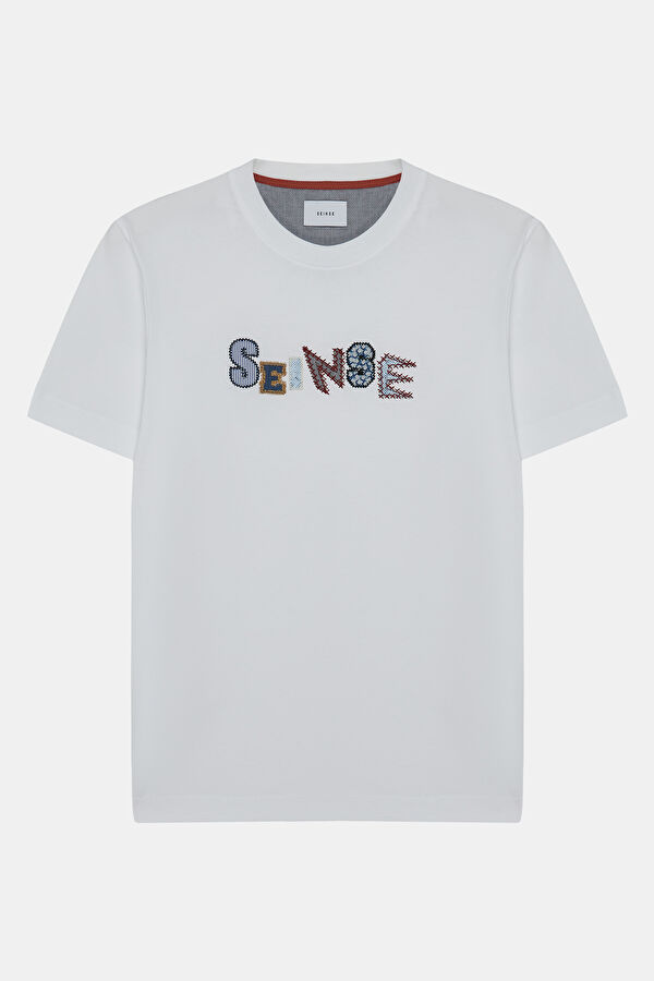 Relax Kalıp Beyaz Bisiklet Yaka Baskılı Erkek T-Shirt