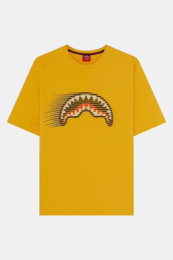 Relax Kalıp Sarı Bisiklet Yaka Baskılı Erkek T-Shirt