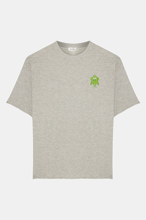 Oversize Light Gray Crew Neck Printed Men's T-Shirt 5