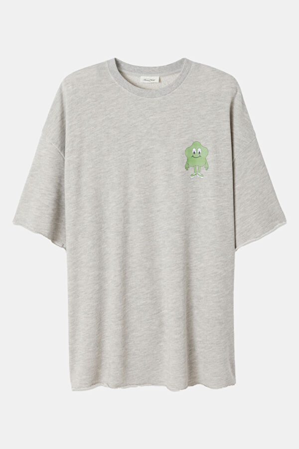 Oversize Light Gray Crew Neck Printed Men's T-Shirt 4