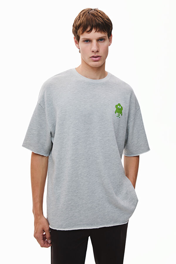 Oversize Light Gray Crew Neck Printed Men's T-Shirt